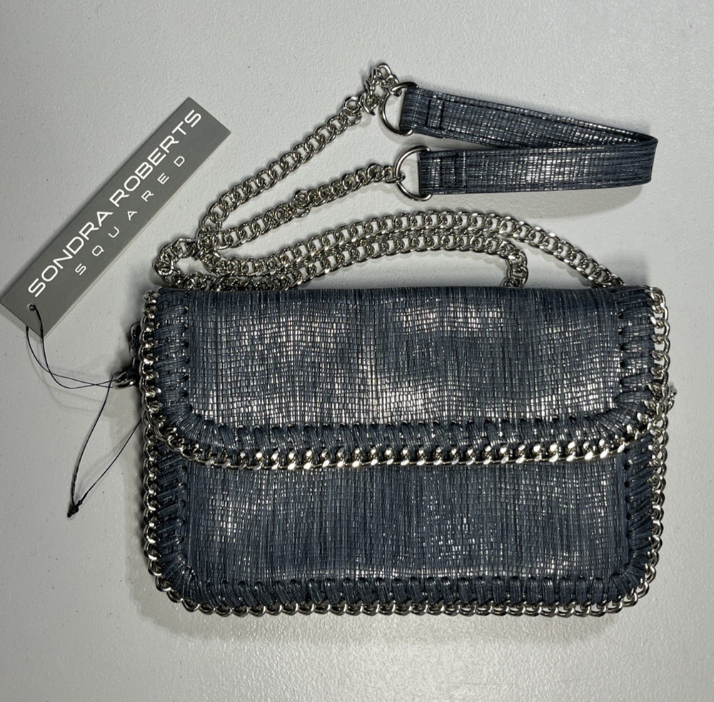 Sondra Roberts Squared Shoulder Crossbody Purse Handbag Blue Chain Chain Strap